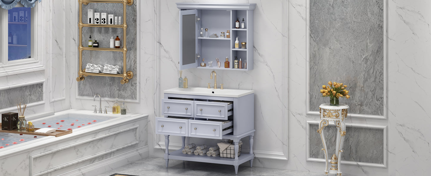 36'' Bathroom Vanity with Medicine Cabinet, Modern Mirror Cabinet with Adjustable Shelf, Bathroom Storage Cabinet with 4 Drawers - Korvel