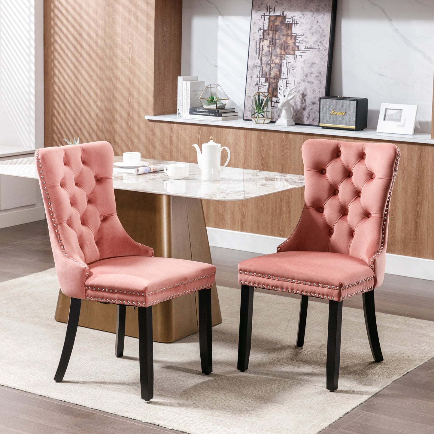 High-end Tufted Solid Wood Contemporary Velvet Upholstered Dining Chair with Wood Legs Nailhead Trim 2-Pcs Set Pink - Korvel