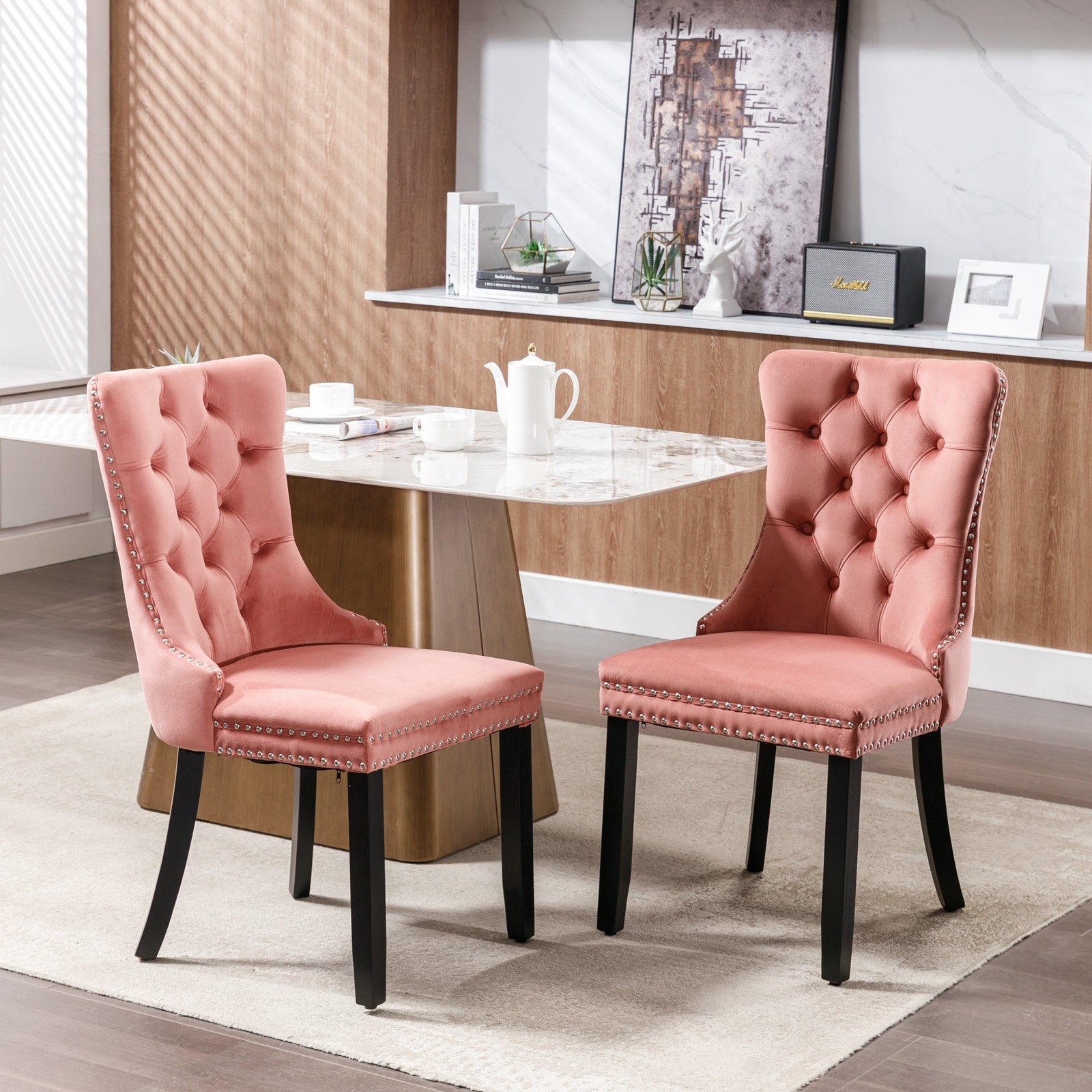 High-end Tufted Solid Wood Contemporary Velvet Upholstered Dining Chair with Wood Legs Nailhead Trim 2-Pcs Set Pink - Korvel