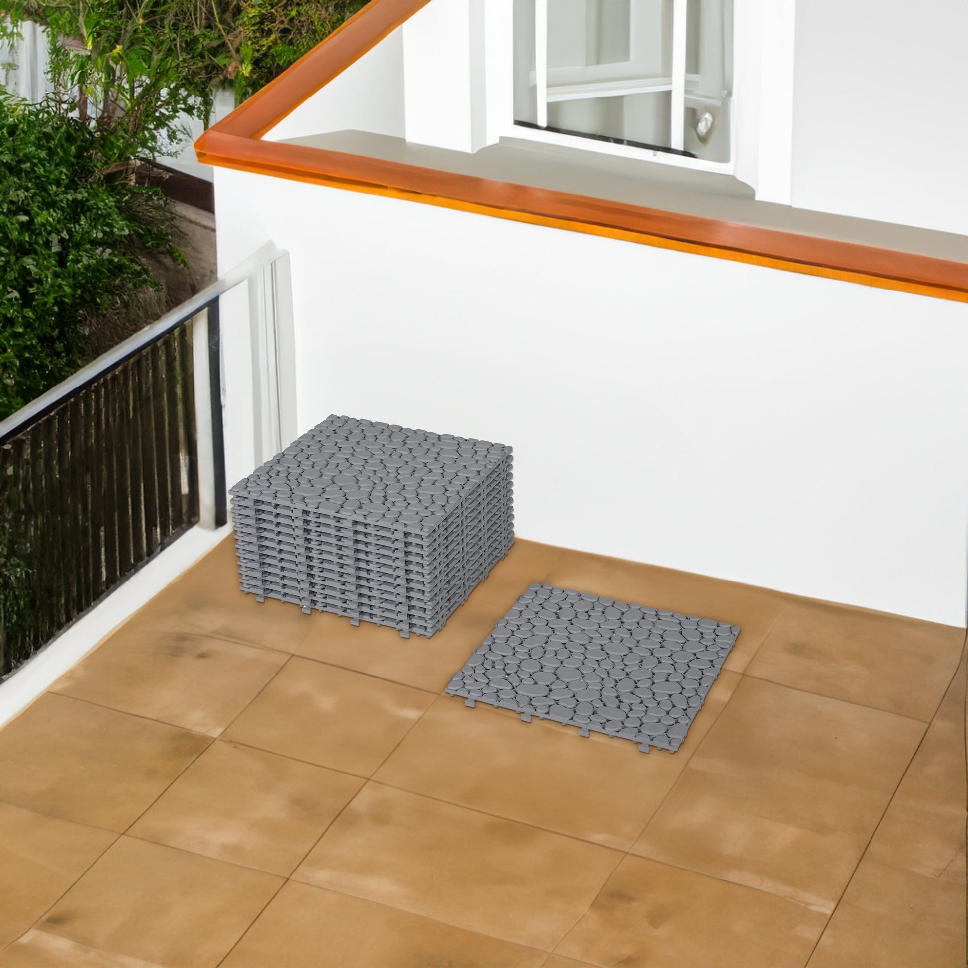 12 x 12 inch gray interlocking deck tiles, plastic waterproof pebble pattern, pack of 12 pieces - Korvel