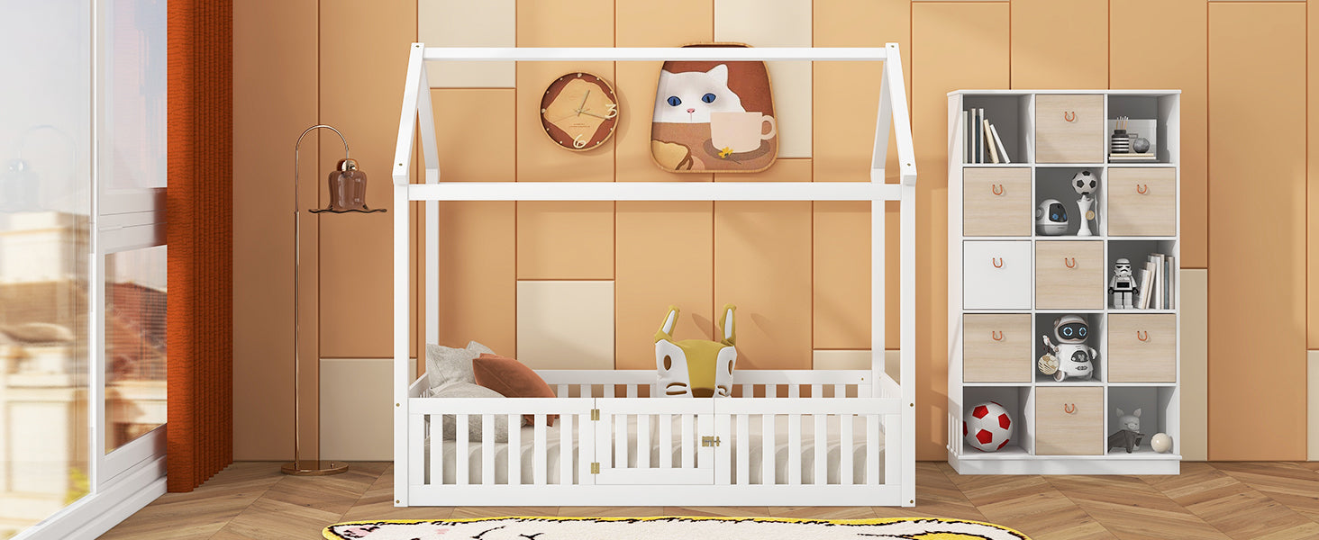 Twin Size Wood House Bed with Fence and Door, White - Korvel
