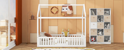 Twin Size Wood House Bed with Fence and Door, White - Korvel