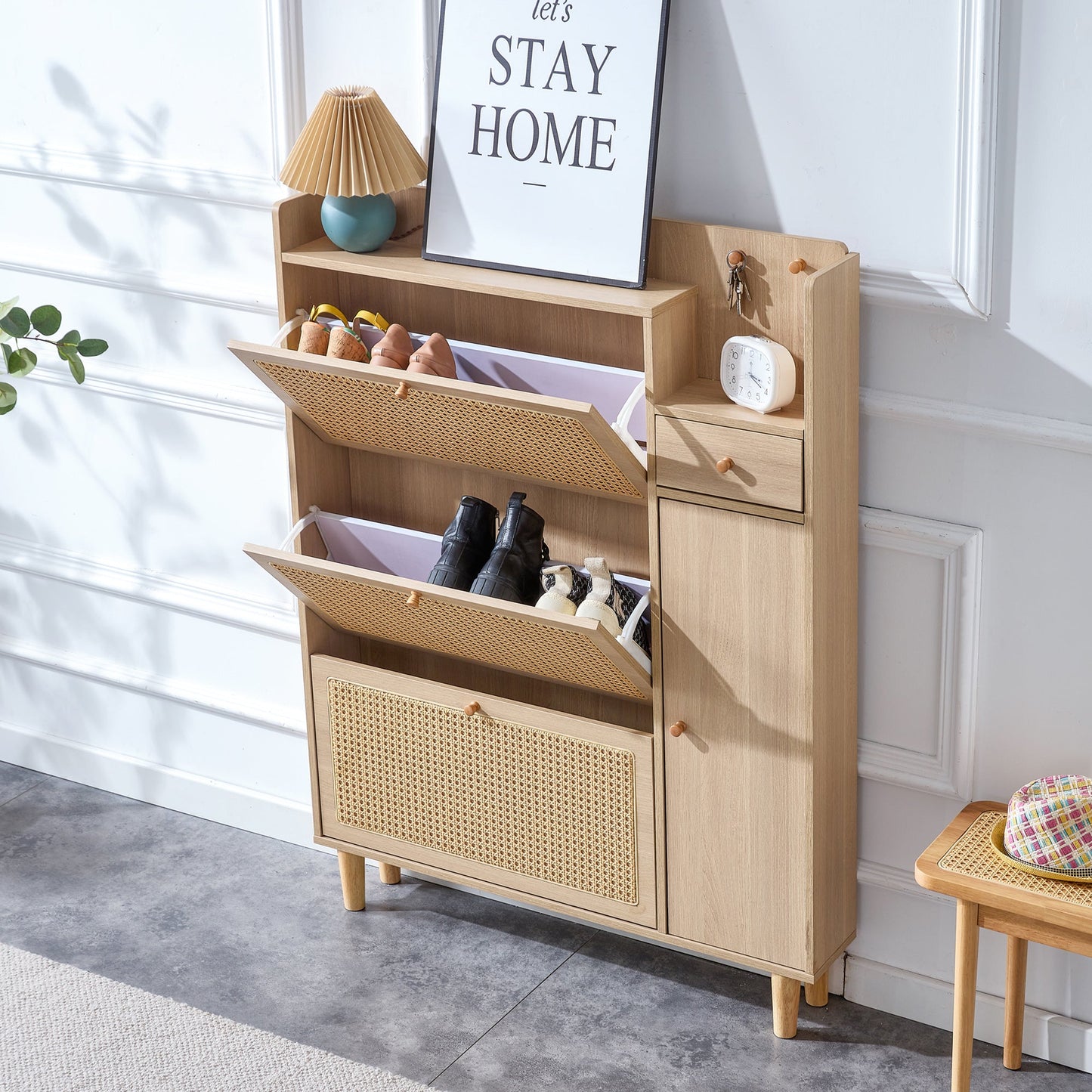 Modern minimalist storage cabinet MDF bed top cabinet Japanese rattan shoe cabinet, small home furniture - Korvel