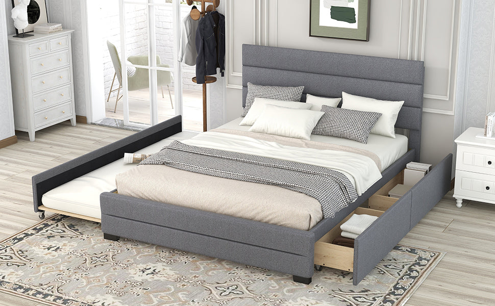 Queen Upholstered Platform Bed with Twin Size Trundle and Two Drawers Grey - Korvel