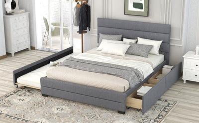 Queen Upholstered Platform Bed with Twin Size Trundle and Two Drawers Grey - Korvel