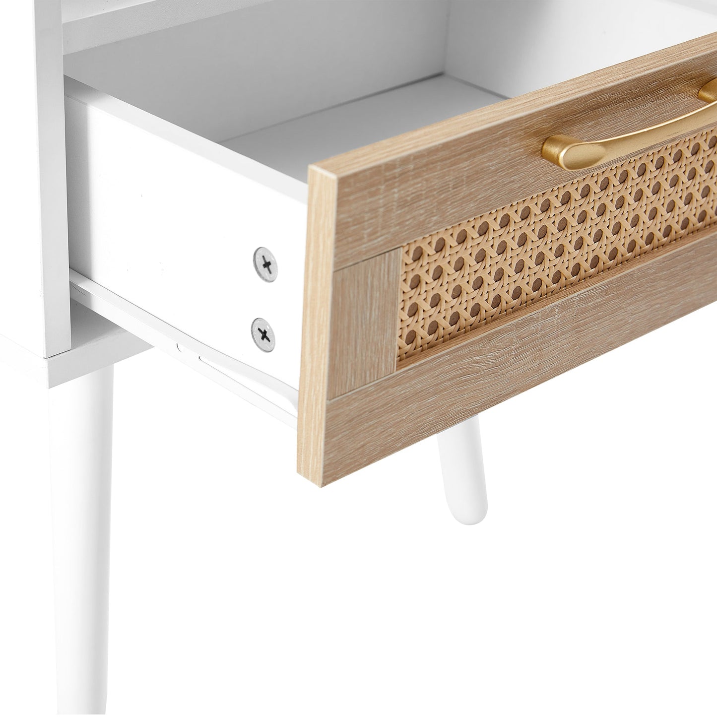 Table d'appoint en rotin blanc de 15,75" avec tiroir et pieds en bois massif