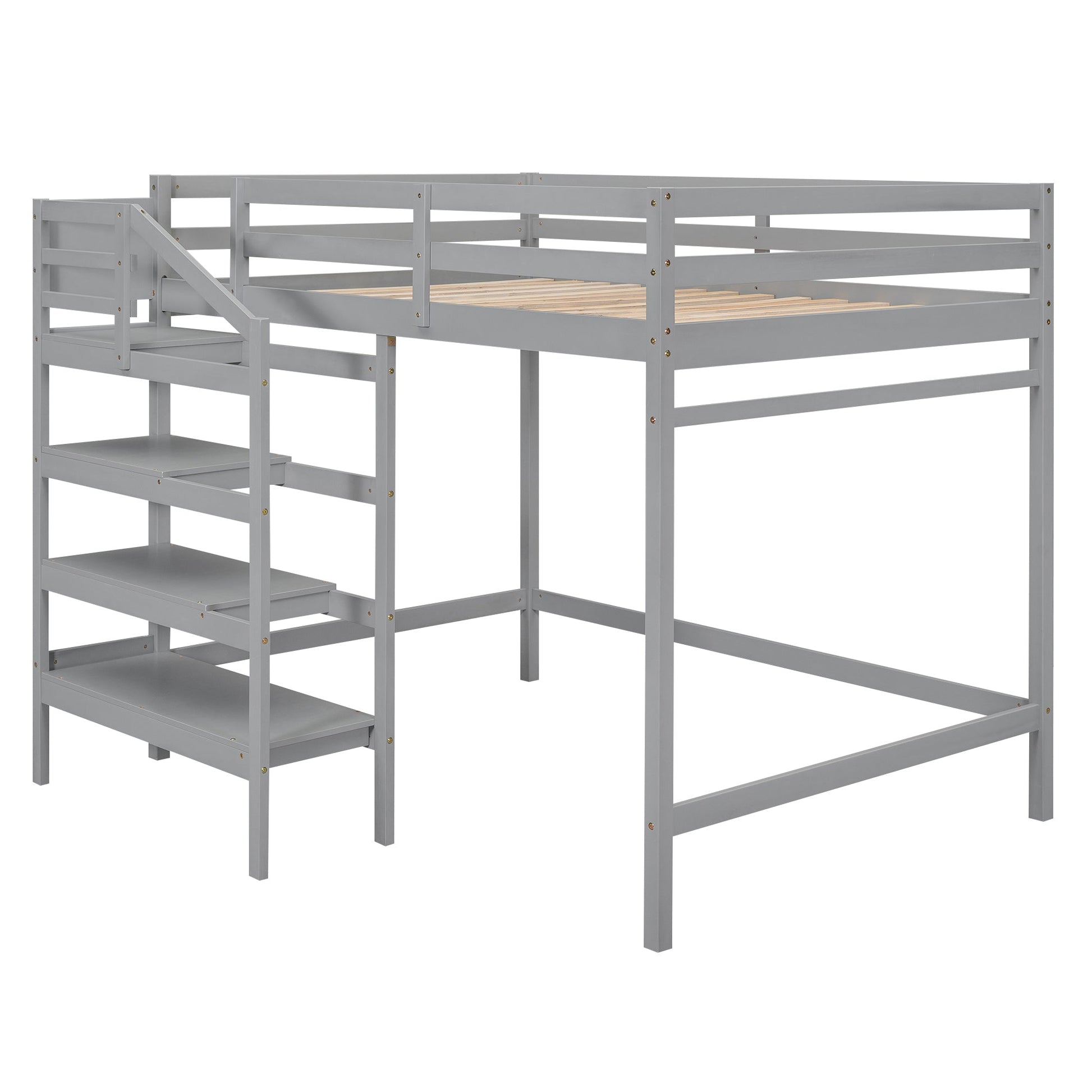 Full Size Loft Bed with Built-in Storage Staircase and Hanger for Clothes, Gray - Korvel