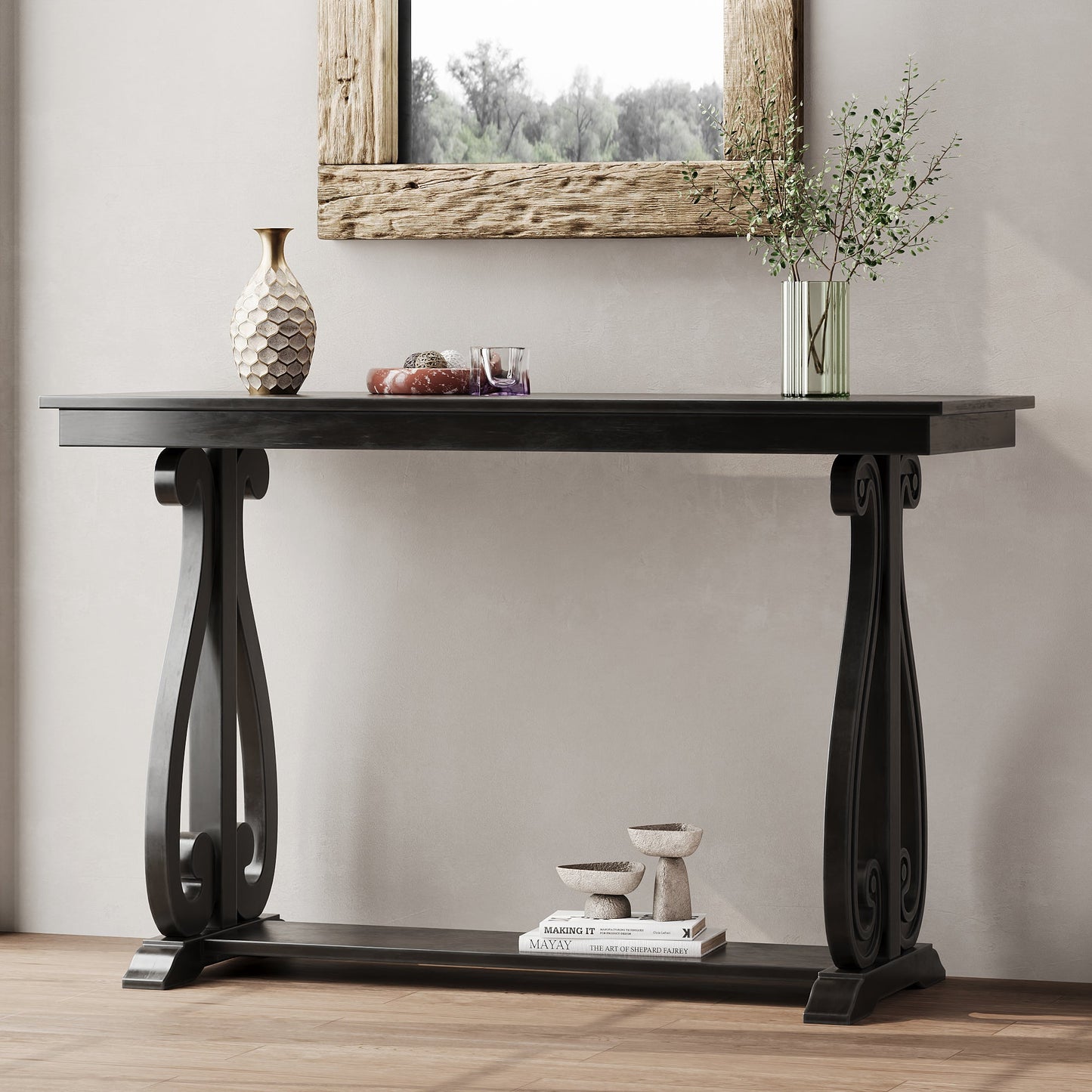 48-Inch Rustic Vintage Console Table --- Farmhouse Style Entryway Table with Open Shelf and Sturdy Construction (Black) - Korvel