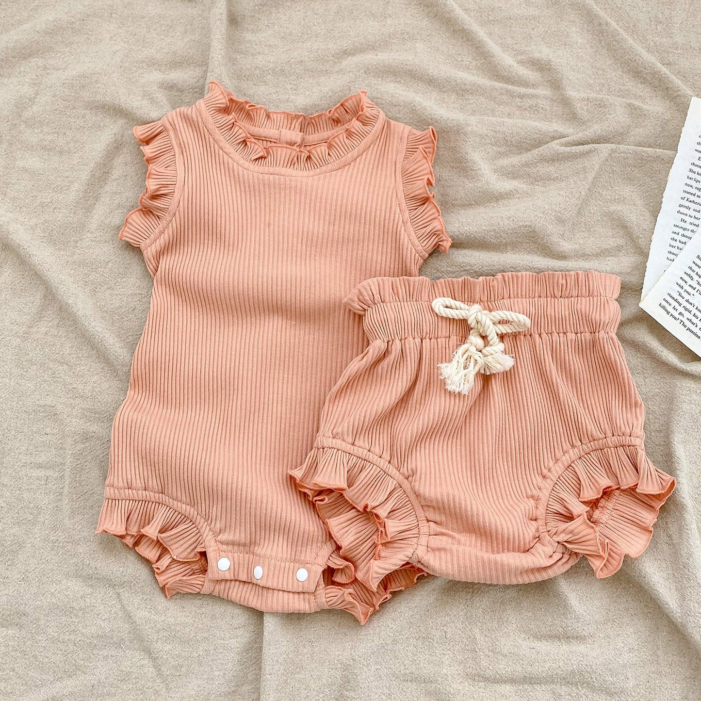 Baby Pit Thread Crawling Clothes Spring/Summer Wooden Ear Edge Girls' Harper+Drawstring Big PP Pants Set - Korvel
