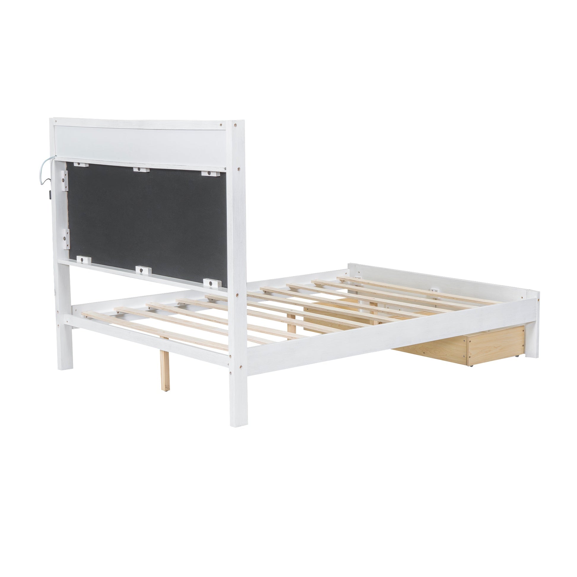 Wood Full Size Platform Bed with Upholstered Headboard and LED and 2 Drawers, Antique White - Korvel