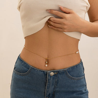 Elegant Zircon Navel Nail Body Chain with Imitation Pearls