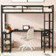 Cama loft de metal negro premium con escritorio y estantes