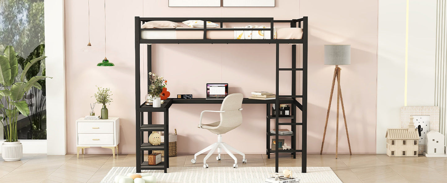 Cama loft de metal negro premium con escritorio y estantes