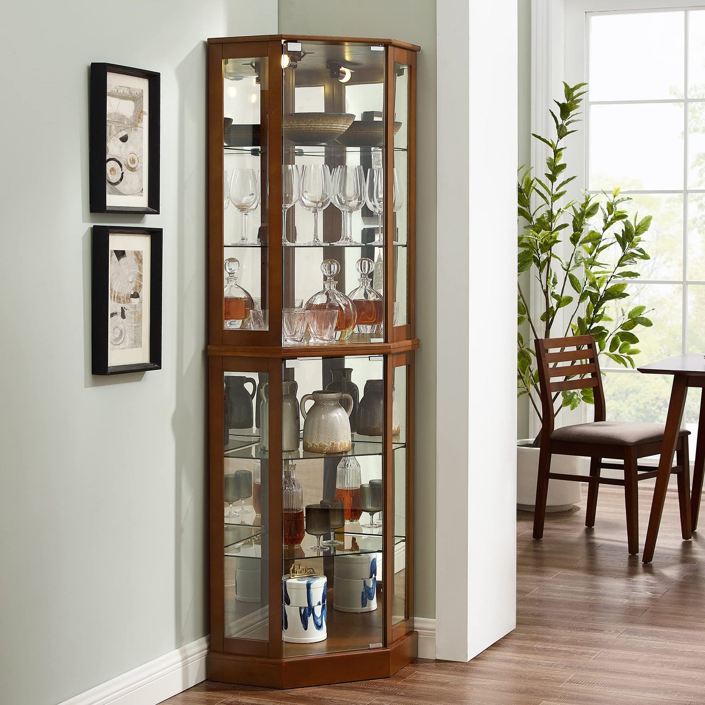 6 shelves corner Curio display cabinet with light mirror and adjustable shelves, walnut wood (excluding E26 light bulbs) - Korvel