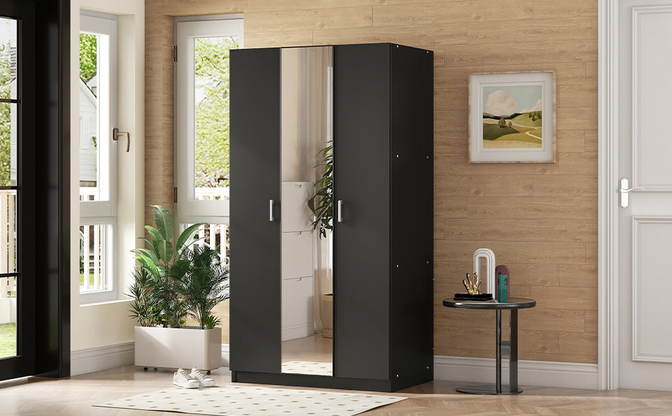 Elegant 3-Door Wardrobe with Mirror and Shelves in Black
