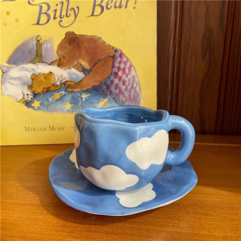 Hand Painted Blue Sky White Clouds Coffee Mug with Saucer Ceramic Handmade Tea Cup Saucer Set Lovely Gift Irregular Coffee Mug - Korvel