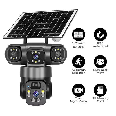 V380 360-Degree Panoramic 3-View 3-Lens Wireless WiFi/4G Solar-Powered Camera Surveillance System - Korvel