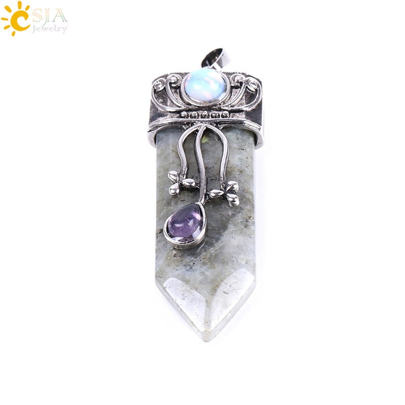 CSJA Vintage Large Natural Stone Sword-Shaped Pendant Jewelry Striped Crystal Agate Tiger Eye Jewelry Pendant Without Chain - Korvel