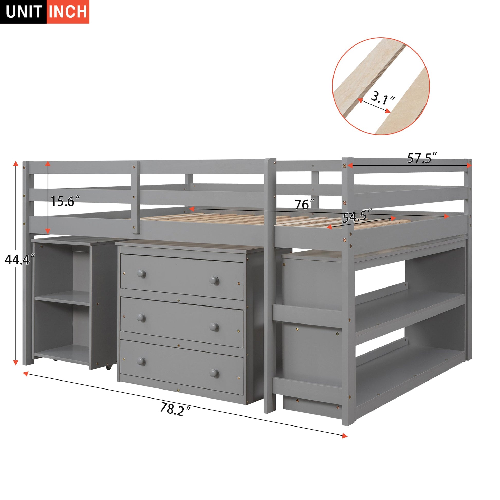 Low Study Full Loft Bed with Cabinet Shelves and Rolling Portable Desk Multiple Functions Bed- Gray - Korvel