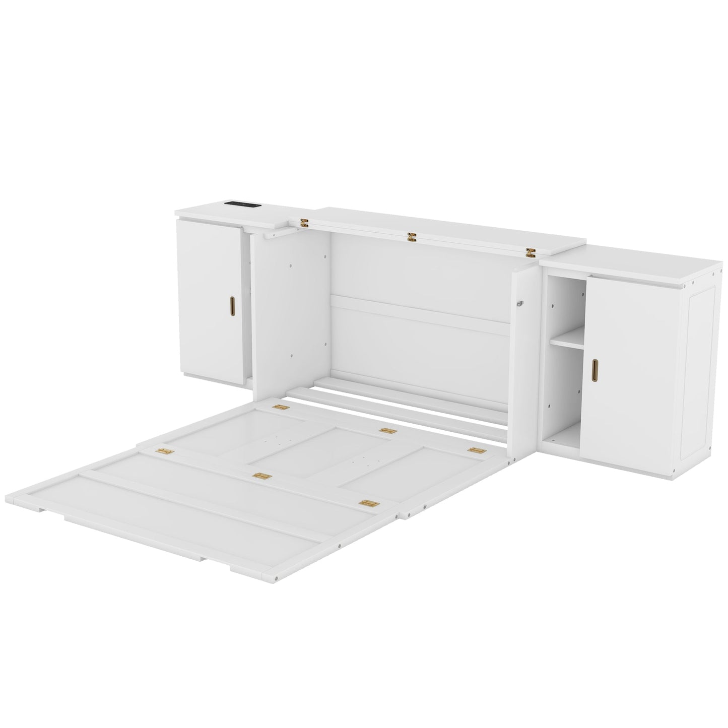 Full Size Murphy Bed with Shelves and USB Ports - White