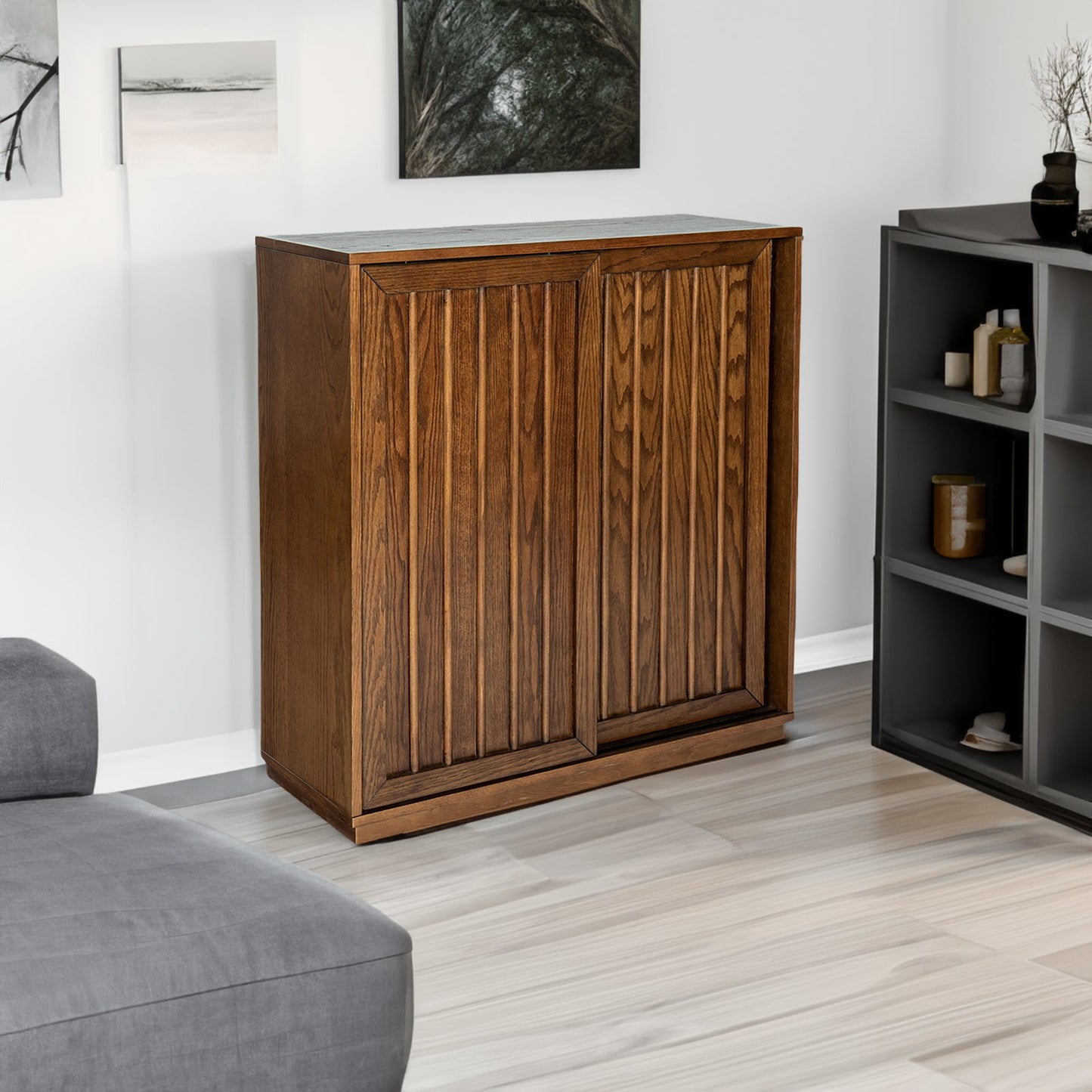 Medieval side panel with 2 sliding doors and solid wood decorative strips, storage cabinet - Korvel