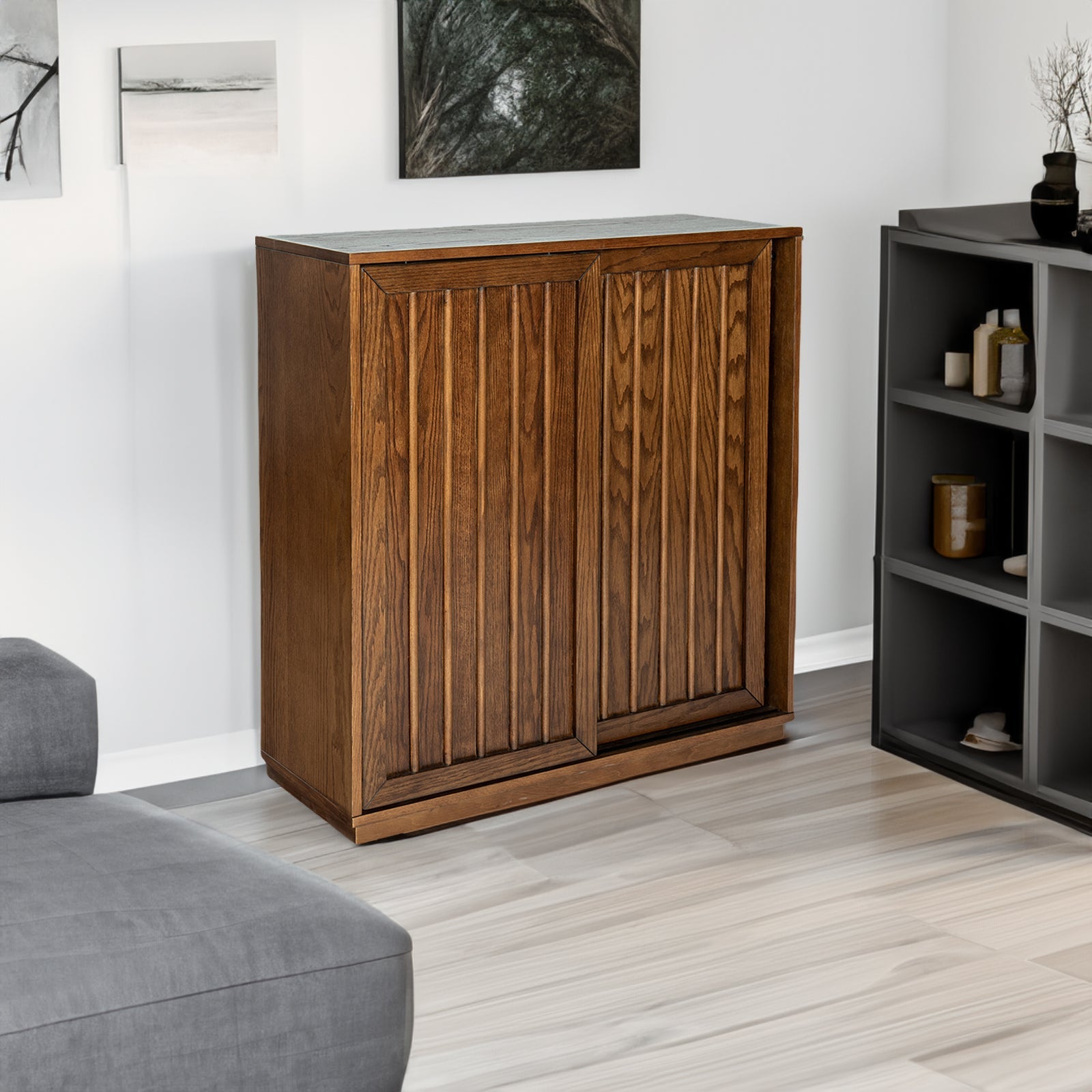 Medieval side panel with 2 sliding doors and solid wood decorative strips, storage cabinet - Korvel