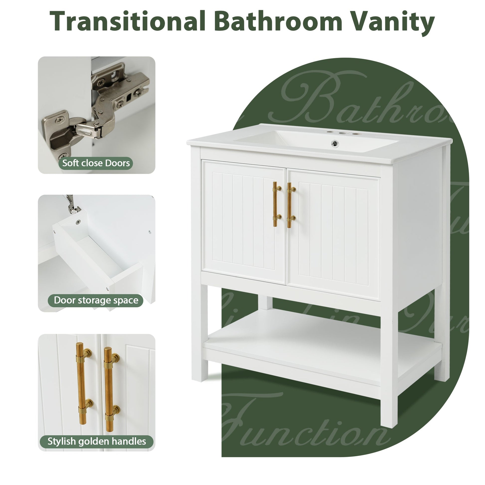 30-Inch White Bathroom Vanity with Ceramic Sink and Versatile Storage - Ideal for Small Bathrooms - Korvel