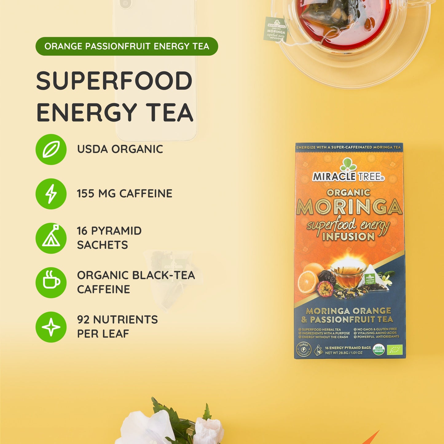 Thé énergisant Moringa avec orange et fruit de la passion