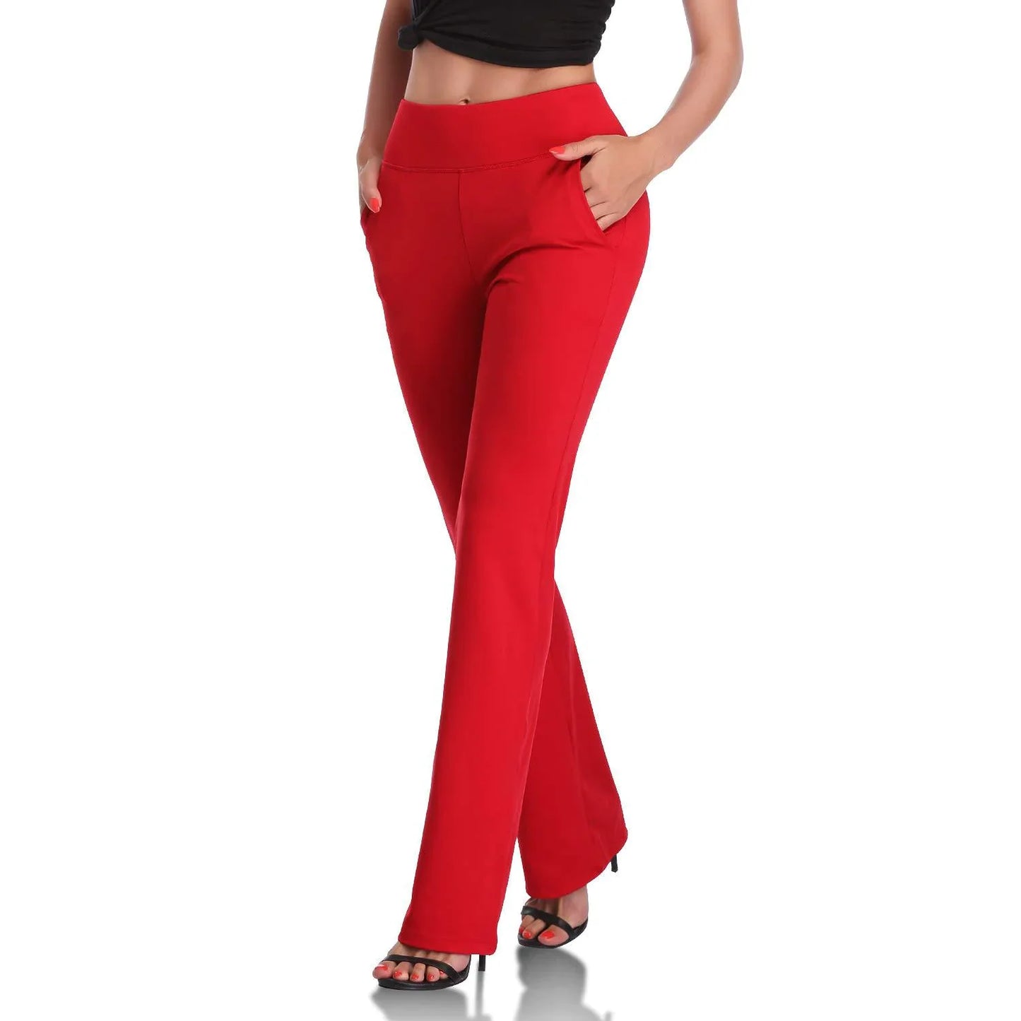 Pantalones de punto acampanados para mujer con bolsillos laterales