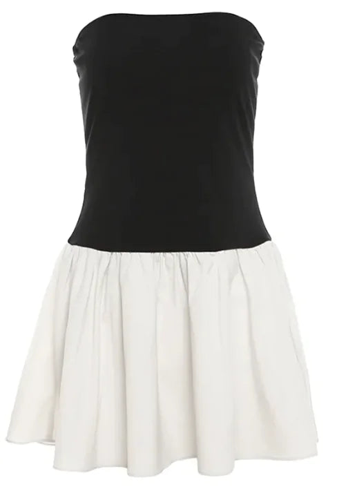 Off-Neck Color Contrast Pleated Slim Fit Dress
