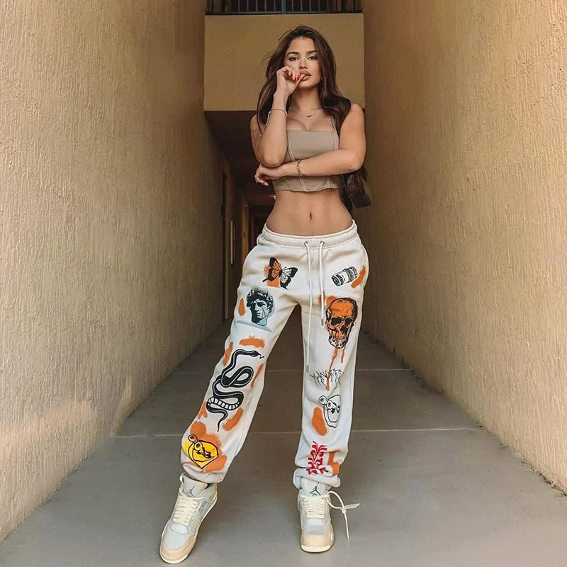 Cartoon Printed High-Waisted Sweat Pants