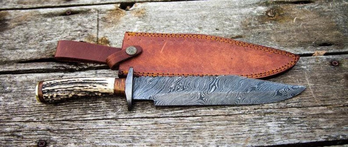 Authentic 1800s Bowie Knife – 15" Damascus Steel Blade with Stag Horn Handle & Leather Sheath - Korvel