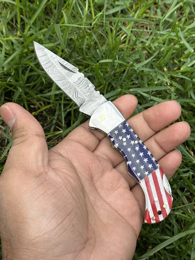 Custom Handmade Lone Star Damascus Pocket Knife with Bone Handle - Korvel