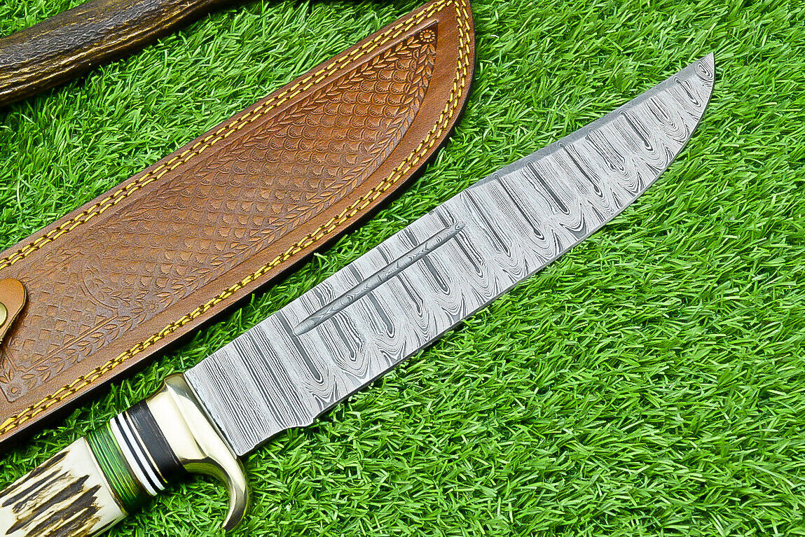 Premium Dundee Bowie Knife – 16" Handcrafted Damascus Steel Blade with Brass Guard & Choice of Pakkawood or Stag Horn Handle + Leather Sheat - Korvel
