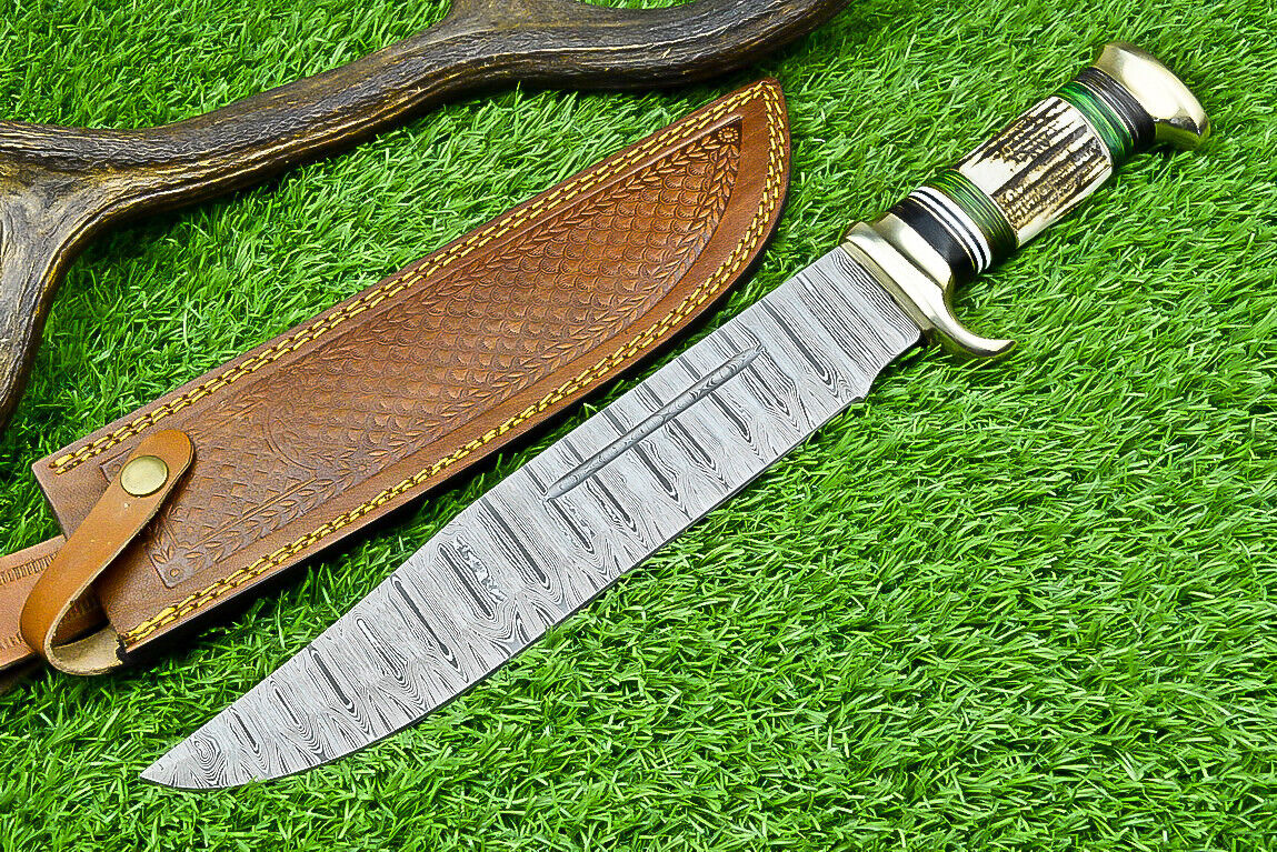 Exquisite Custom Damascus Steel Bowie Knife with Stag Horn Handle – 16" Blade & Leather Sheath - Korvel