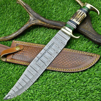 Exquisite Custom Damascus Steel Bowie Knife with Stag Horn Handle – 16" Blade & Leather Sheath - Korvel