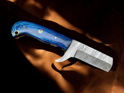 Artisan Damascus Bull Cutter Knife - 7" Handcrafted Steel with Stunning Blue Wood Handle - Korvel