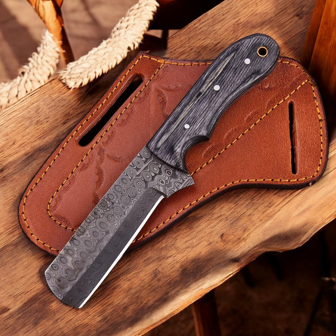 Exquisite Damascus Bull Cutter Knife - 8" Unique Teardrop Blade with Luxurious Black Wood Handle - Korvel