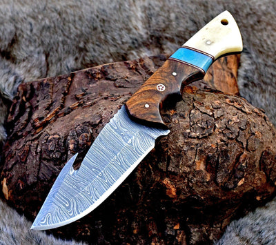 Elite Damascus Guthook Skinning Knife – Stunning Rosewood & Bone Handle – 10” Essential for Hunters - Korvel