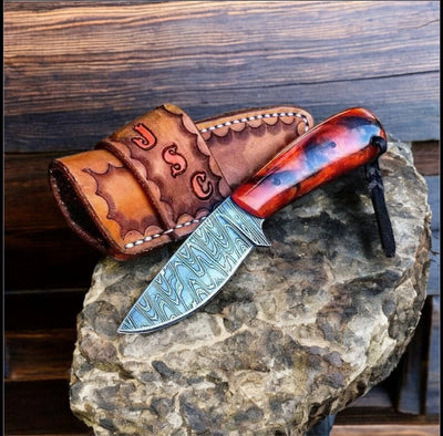 Premium Cowboy Ranch Knives - Durable Damascus Steel with Stylish Resin Handle & Leather Sheath - Korvel