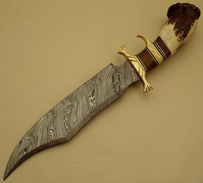 Artisan Bowie Knife - Handcrafted Damascus Steel with Rosewood Handle & Brass Guard, 15" | Includes Leather Sheath | KBS Knives - Korvel