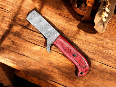 Exquisite Damascus Steel Bull Cutter Knife - 7" Redwood Handle & Western Sheath - Korvel