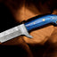 Artisan Damascus Bull Cutter Knife - 7" Handcrafted Steel with Stunning Blue Wood Handle - Korvel