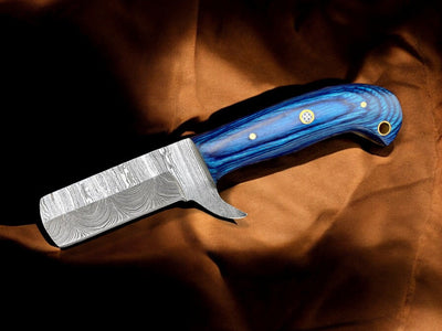 Artisan Damascus Bull Cutter Knife - 7" Handcrafted Steel with Stunning Blue Wood Handle - Korvel