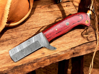Exquisite Damascus Steel Bull Cutter Knife - 7" Redwood Handle & Western Sheath - Korvel