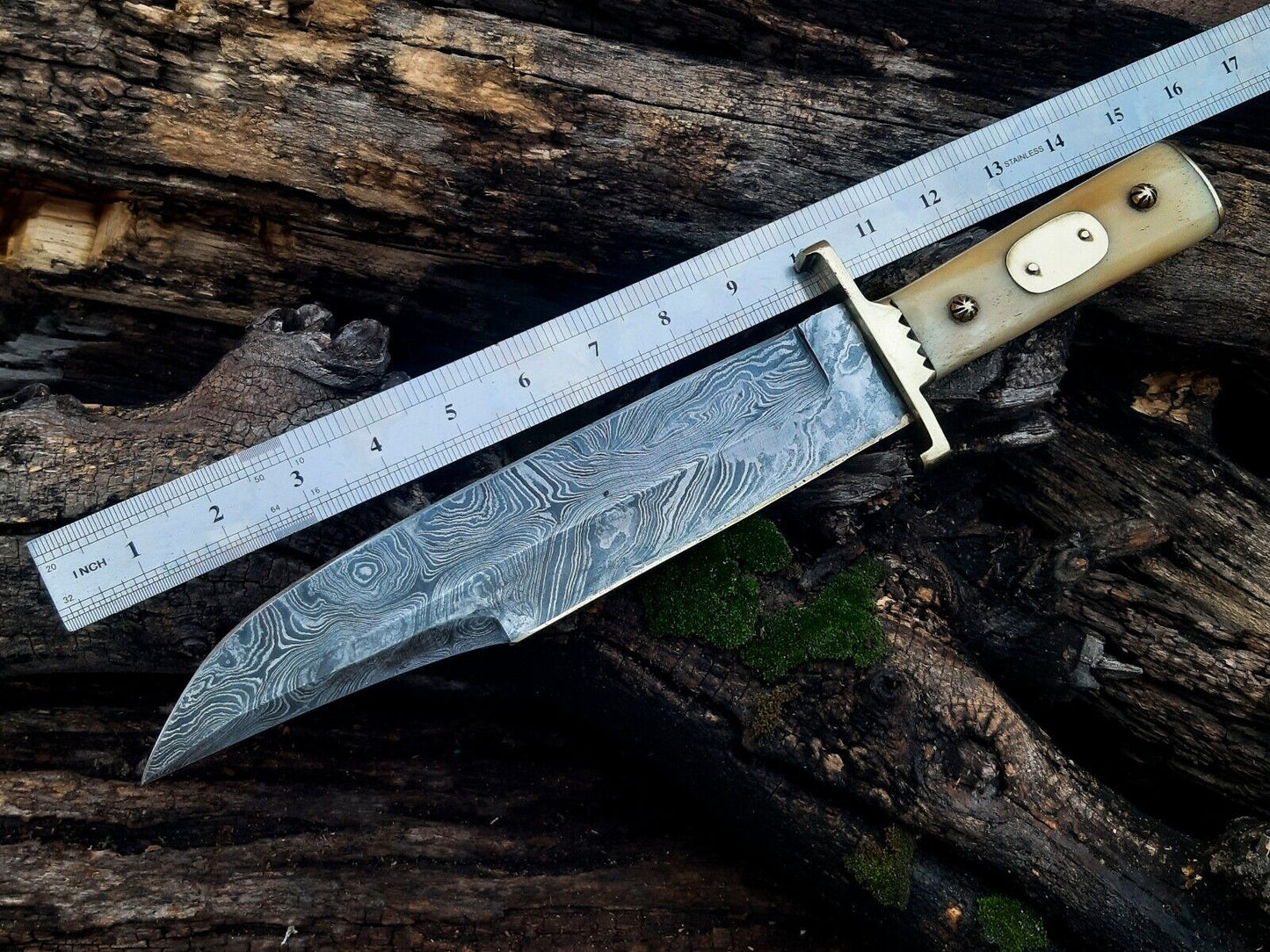 Handcrafted Damascus Steel Bowie Knife – 13" with Elegant Brass Guard and Exotic Camel Bone Handle, Includes Leather Sheath - Korvel