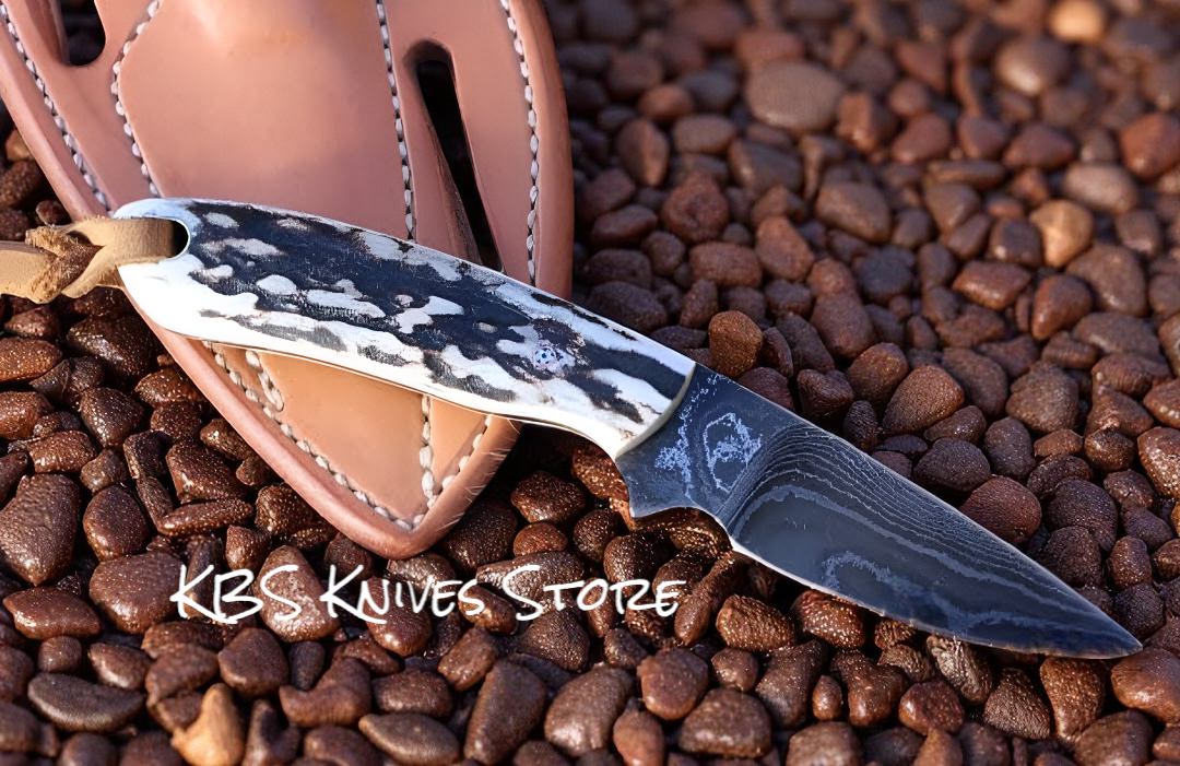 Handcrafted Damascus Steel Belt Knife with Antler Handle - 7.5" - Korvel