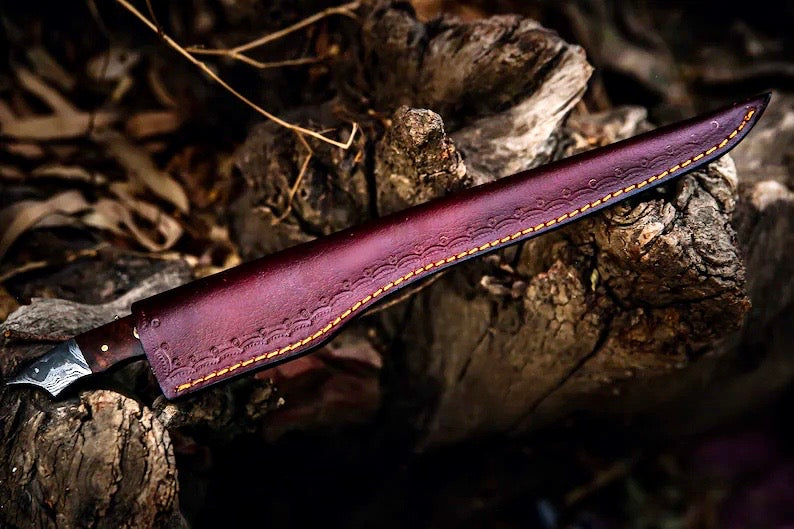 Premium Handmade Damascus Steel Fish Fillet Knife – 13” Rosewood Handle with Leather Sheath - Korvel