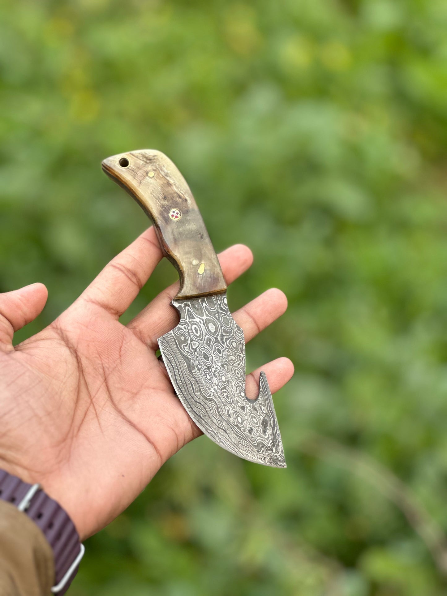 Artisan Crafted Damascus Steel Guthook Skinning Knife with Unique Sheep Horn Handle - 7.5” with Leather Sheath - Korvel