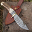 Artisan Crafted Damascus Steel Guthook Skinning Knife – 9" Stag Horn Handle with Brass Guard & Leather Sheath - Korvel